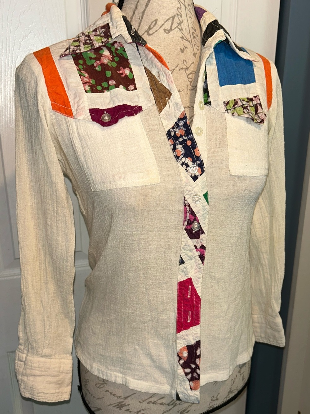 Vintage 70s Indian Cotton Patchwork Hippie Boho Button Down Collared Top sz 9